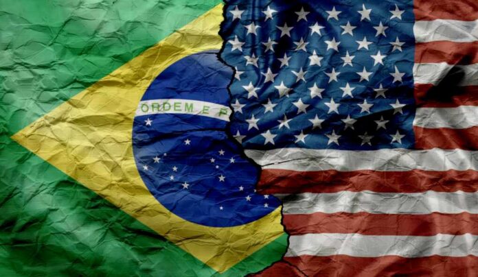 Us,And,Brazilian,Flags,On,A,Cracked,Background.,Political,And Brazil and United States flags split by a jagged tear
