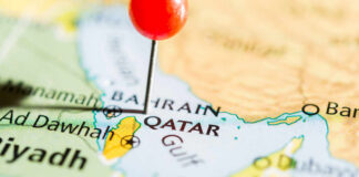 Map of Qatar with a red pin marking the location