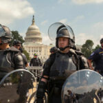 Law enforcement officers in riot gear near the Capitol building