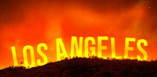 A dramatic landscape featuring the words Los Angeles against an orange sky, suggesting a fire or sunset.