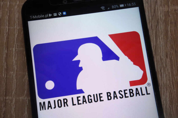 Konskie,,Poland,-,September,07,,2018:,Major,League,Baseball,Logo Major League Baseball logo displayed on a smartphone screen