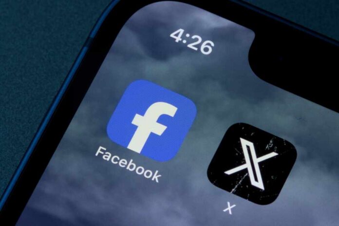 Portland,,Or,,Usa,-,Dec,28,,2023:,Facebook,And,X Close-up of smartphone screen displaying Facebook and X app icons