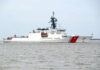 U.S. Coast Guard patrol vessel navigating through the ocean
