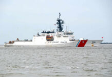 U.S. Coast Guard patrol vessel navigating through the ocean