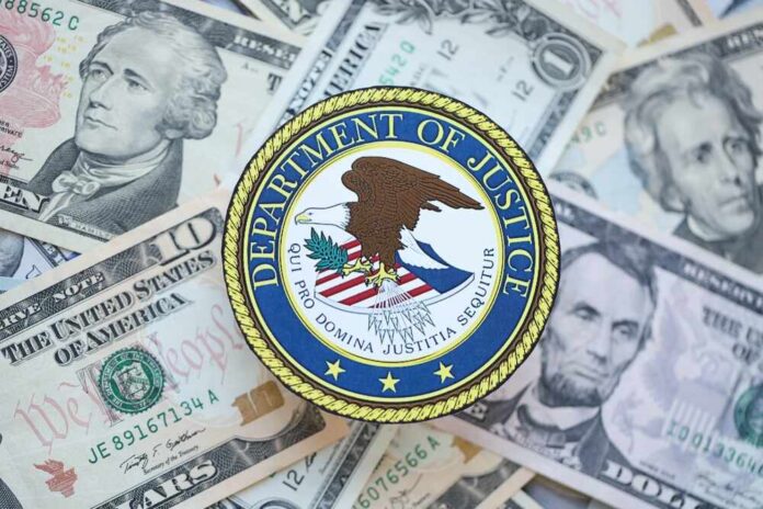 Kyiv,,Ukraine,-,March,9,,2024,Us,Department,Of,Justice Department of Justice emblem on a background of US dollar bills