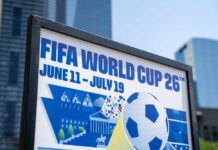 FIFA World Cup 26 poster with soccer ball in urban setting