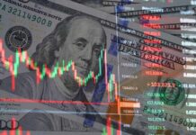 Overlay of stock market data on a background of hundred dollar bills
