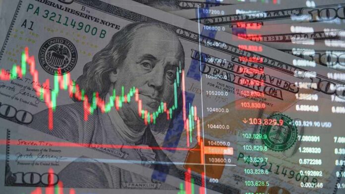 Overlay of stock market data on a background of hundred dollar bills