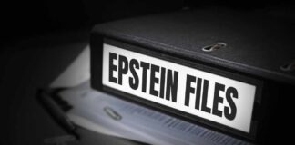 Epstein Trump Allegations, But Where’s The Proof? A black binder labeled 'Epstein Files' with papers and a pen beside it