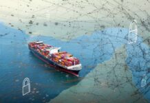 A cargo ship navigating through water with digital security elements overlayed