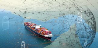 A cargo ship navigating through water with digital security elements overlayed