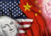 United States and China flags overlaid with currency portraits
