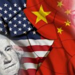 United States and China flags overlaid with currency portraits