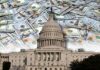 U.S. Capitol building with overlay of hundred-dollar bills