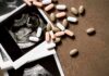Ultrasound images with assorted pills on a brown surface