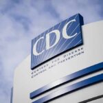 CDC headquarters sign against a cloudy sky
