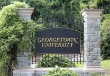Foreign Funding Draws Georgetown Questions aerial view of a university campus quad with surrounding academic buildings