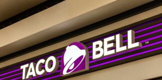 Taco Bell storefront sign with purple bell logo