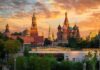 St. Basil's Cathedral and Kremlin towers at sunset