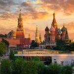 Russia Built An Economy Around War St. Basil's Cathedral and Kremlin towers at sunset