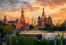 Russia Built An Economy Around War St. Basil's Cathedral and Kremlin towers at sunset