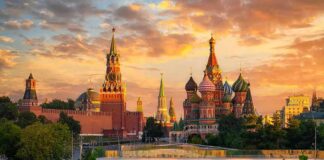 Russia Built An Economy Around War St. Basil's Cathedral and Kremlin towers at sunset