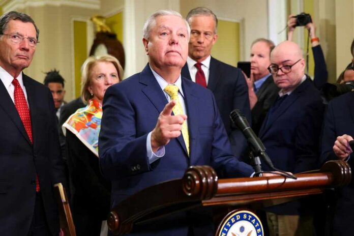 Washington,--,February,11,2025:,U.s.,Senator,Lindsey,Graham,(r-sc) A group of government officials at a press conference with one speaking into a microphone