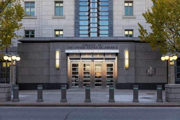 Ottawa,,Canada,-,October,17,,2024:,Embassy,Of,The,United Entrance of the United States Embassy with modern architecture