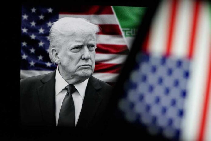 In,This,Photo,Illustration,,Us,President,Donald,Trump,Is,Seen Donald Trump in front of an American flag, displaying a serious expression