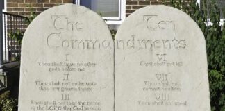 Stone tablets of the Ten Commandments outside a building