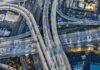 Aerial view of a busy multi-level highway interchange