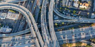 Aerial view of a busy multi-level highway interchange