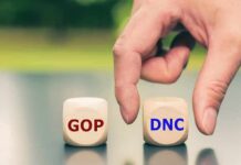 Hand choosing between GOP and DNC dice
