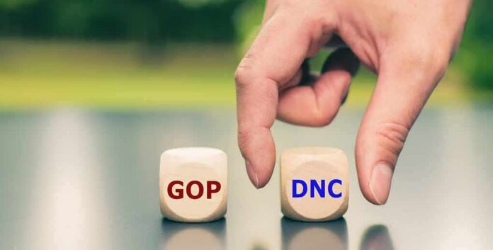 Hand choosing between GOP and DNC dice
