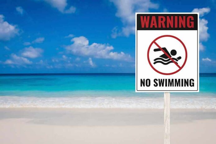 No swimming warning sign on a tropical beach