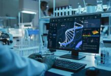 Scientist analyzing DNA model on computer in laboratory