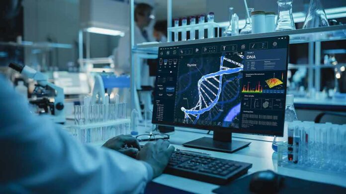 Scientist analyzing DNA model on computer in laboratory