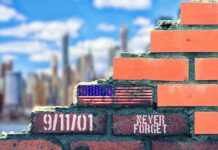 Families First: Politicians Told to Stand Down Brick wall with American flag and memorial text against city skyline