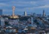 Ankara skyline at dusk with Atakule tower and a mosque