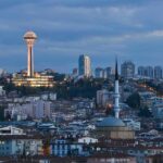 Ankara skyline at dusk with Atakule tower and a mosque