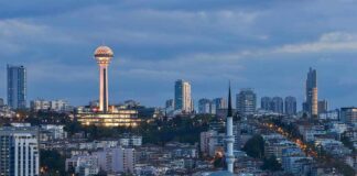 Ankara skyline at dusk with Atakule tower and a mosque