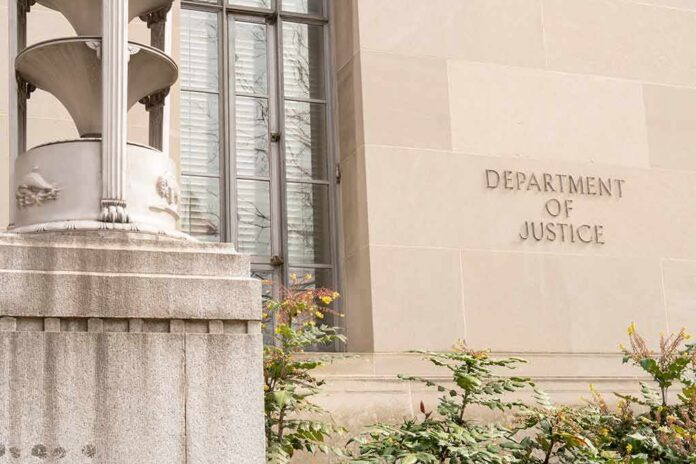 Department of Justice building facade with stone sign and window