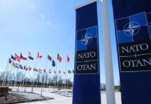 NATO flags and banners outside headquarters