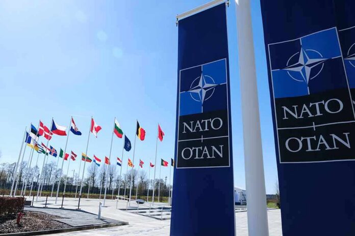 shutterstock_2284120429 NATO flags and banners outside headquarters