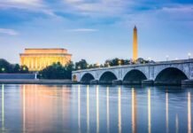 Arlington Memorial Bridge with Lincoln Memorial and Washington Monument at dusk