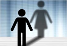 male stick figure with female shadow