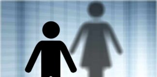 male stick figure with female shadow