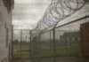 Barbed wire on chain-link fence at a prison yard