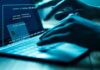 Bank Freeze Starves Grandma Hands typing on a laptop with cybersecurity login overlay