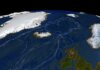 Satellite view of North Atlantic with ocean current paths